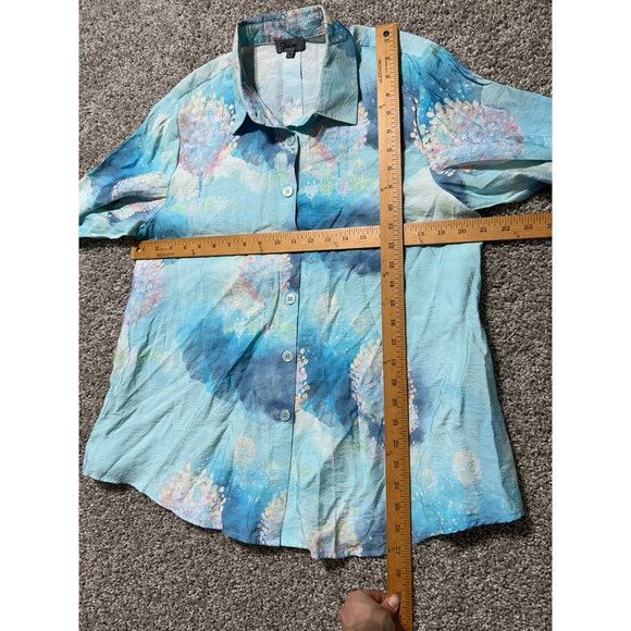 Shana Size Medium Fairy Tale Trees Button Up Aqua Blue Long Sleeve Coastal Shirt - Picture 7 of 14